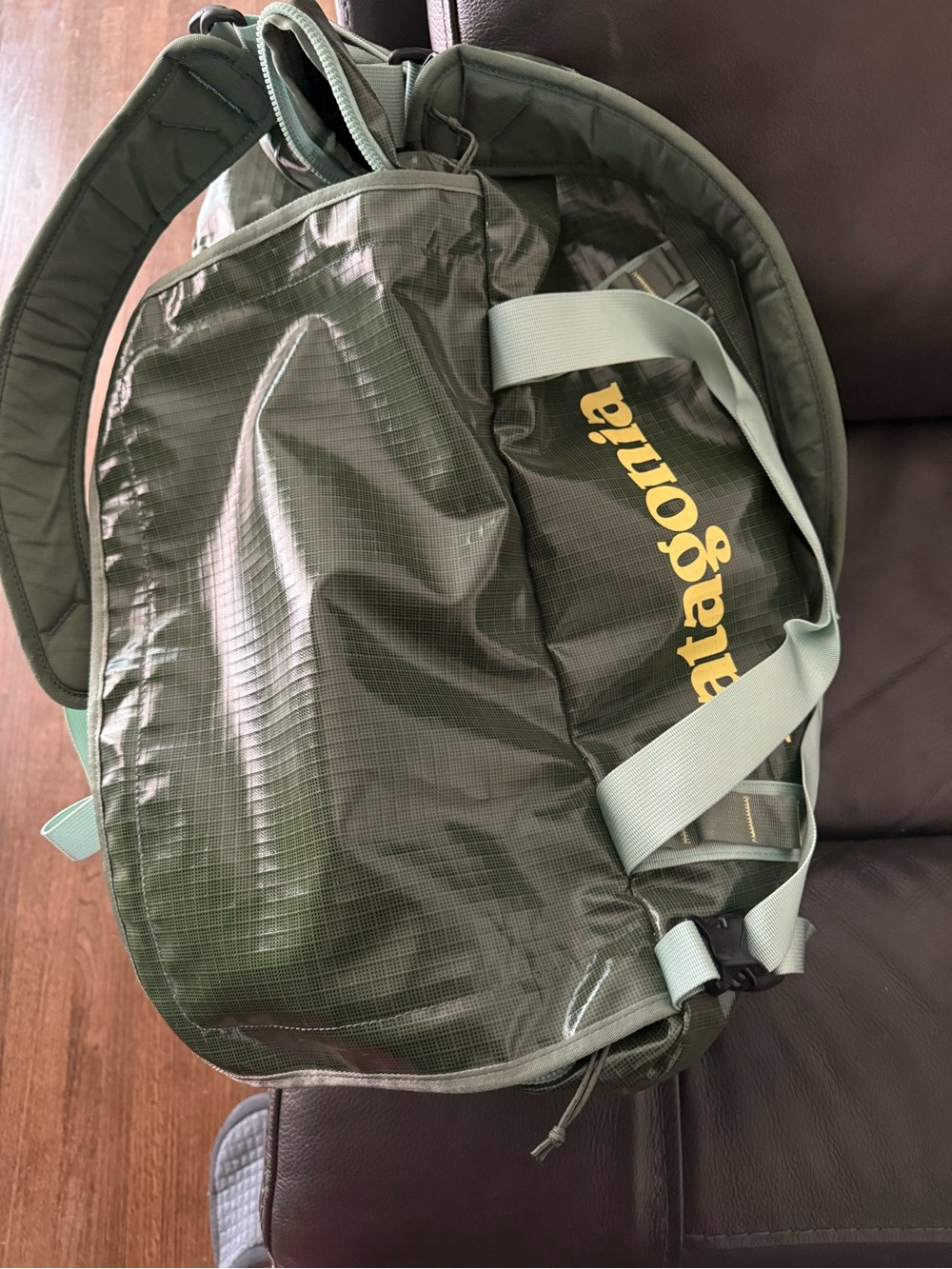 Patagonia Olive Green Duffel with Yellow Logo